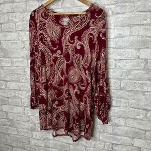 Chicos Zenergy Tunic Top 12/14 Red‎ Paisley Roll Tab Long Sleeve V Neck Boho